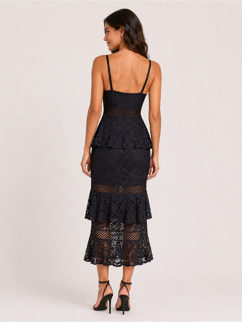 Little Mistress Black Lace Ruffle Midi Dress – Size 6 - Picture 3 of 14